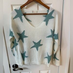 Altar'd State Green and White V-Neck Star Sweater oversized xs